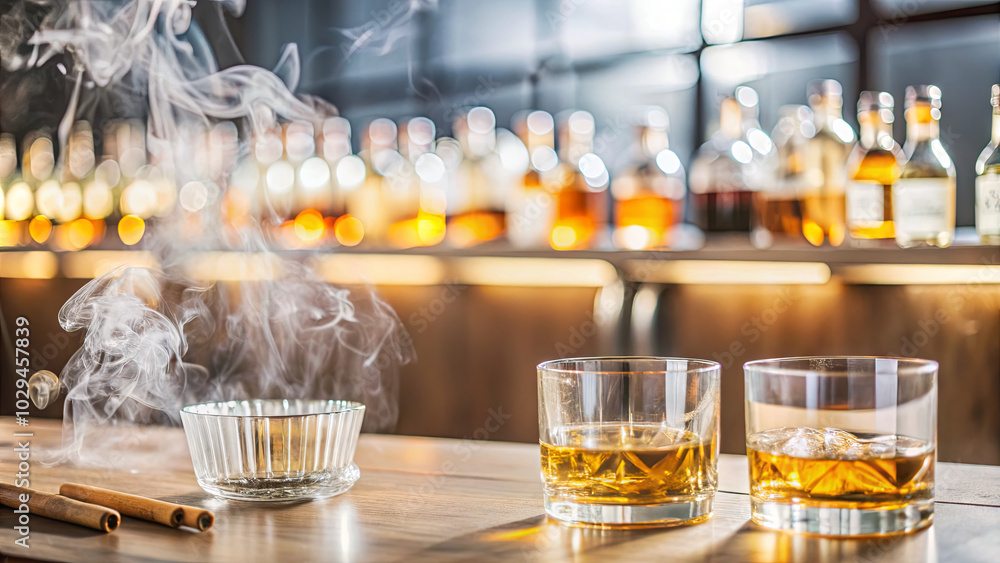 Two glasses of whiskey sit on a rustic wooden bar, accompanied by a smoking bowl. The warm glow of spirit bottles in the background enhances the cozy atmosphere Two glasses of whiskey sit on a rustic wooden bar, accompanied by a smoking bowl. The warm glow of spirit bottles in the background enhances the cozy atmosphere