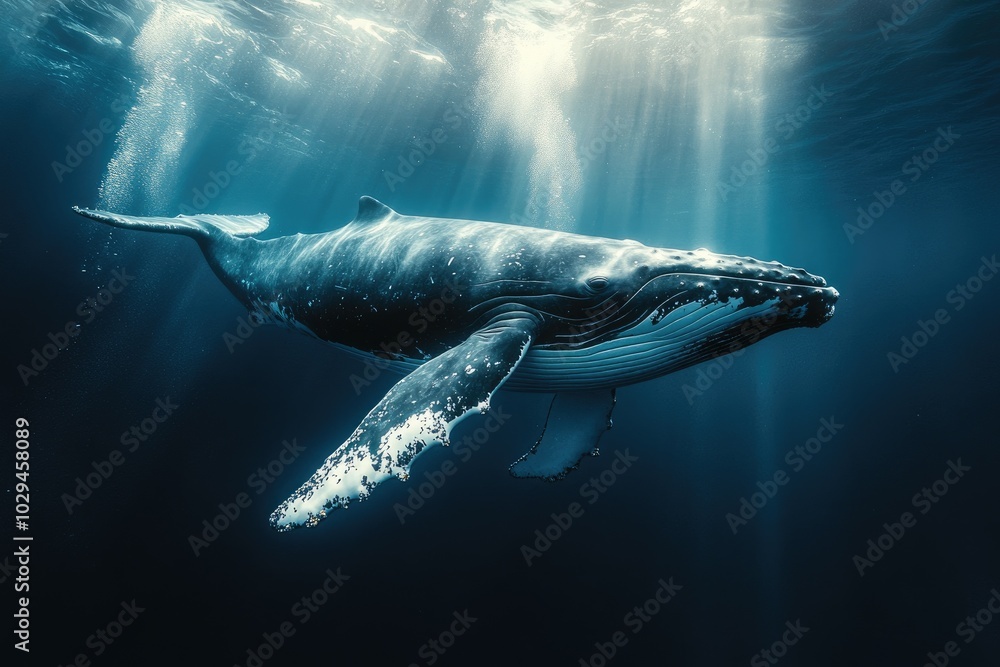 Fototapeta premium Large humpback whale swimming in sunrays underwater