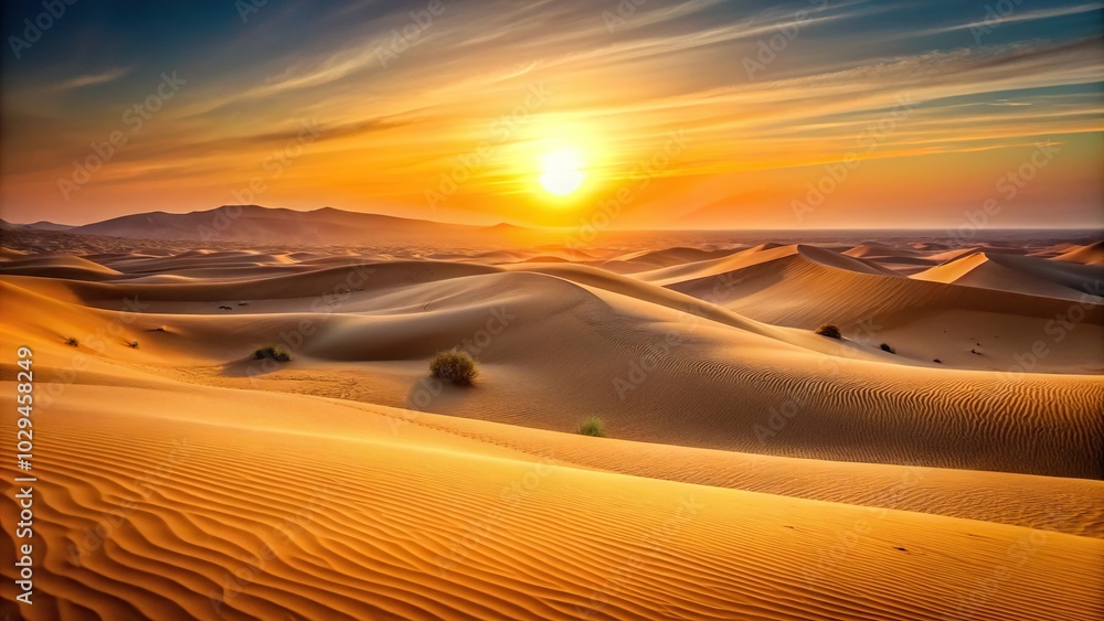 Naklejka premium Orange gradient sky complements sand dunes in modern wallpaper of desert landscape