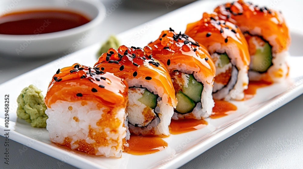 A white plate features sushi smothered in sauce and adorned with cucumber alongside a dipping sauce bowl A white plate features sushi smothered in sauce and adorned with cucumber alongside a dipping sauce bowl