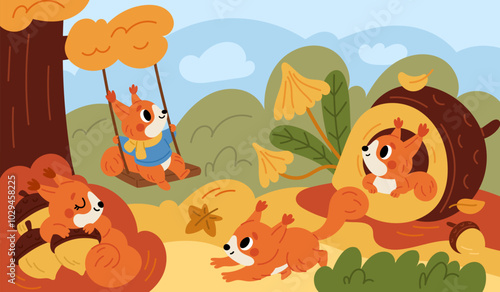Squirrel in autumn forest. Funny little animals. Fluffy rodent playing in nature. Cartoon characters. Mammal swinging or sleeping at acorns heap. Creature in burrow. Garish vector concept