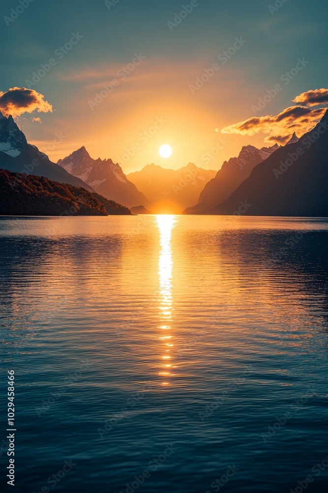 Naklejka premium Golden hour over the lake, the sun reflecting in the water.