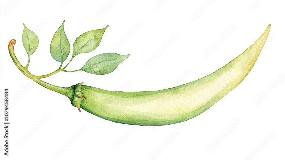 A watercolor drawing of a banana with a green leaf on its stem and a sprig of leaves on top A watercolor drawing of a banana with a green leaf on its stem and a sprig of leaves on top