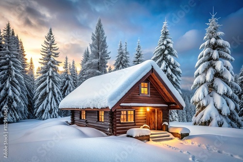 snow covered cabin in winter wonderland scenery