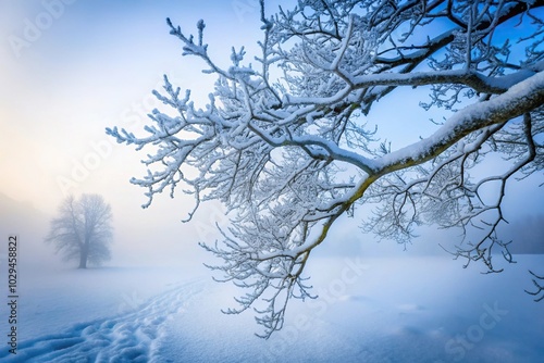 snow covered tree branch in foggy winter landscape