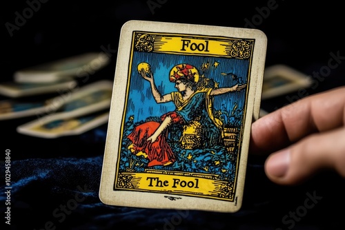 Fortune teller holding the fool tarot card during reading session photo