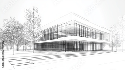 Abstract 3D illustration of modern urban buildings in black and white outlined from a unique architectural perspective