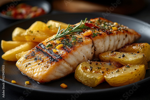 Fish and chips served on a plate with lemon over a dark background photo