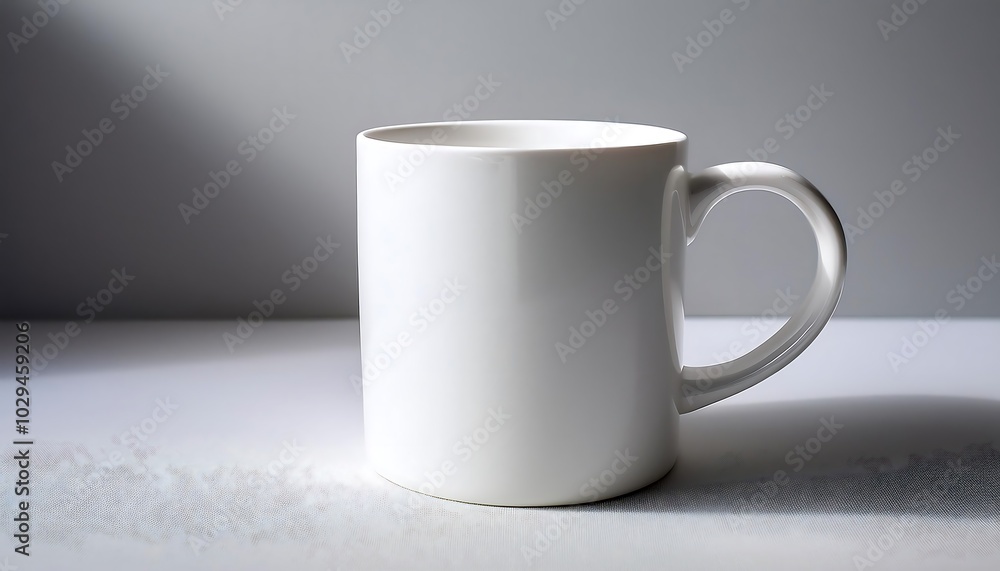 Fototapeta premium Simple white ceramic mug displayed on soft gray background with subtle shadow and natural light. Generative AI