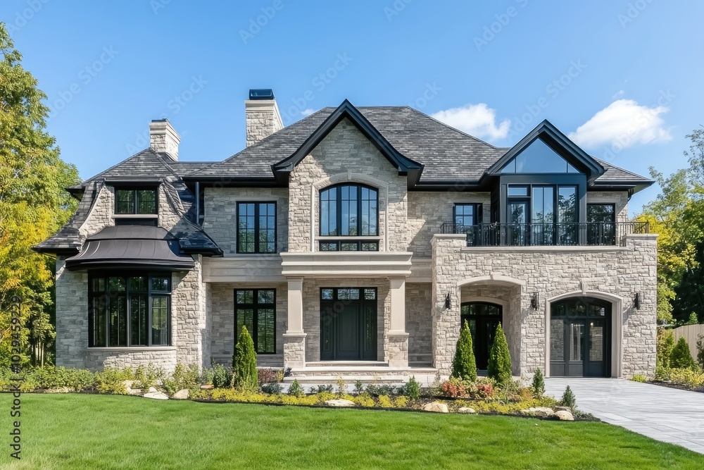 Modern stone luxury home exterior on sunny summer day Modern stone luxury home exterior on sunny summer day