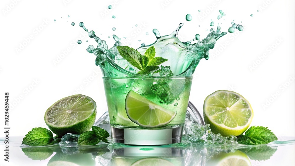 Mint green alcohol cocktail with lime isolated on white background reflected Mint green alcohol cocktail with lime isolated on white background reflected