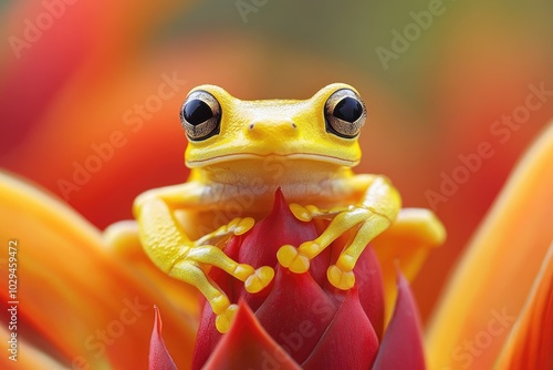 Yellow frog resting on red flower closeup