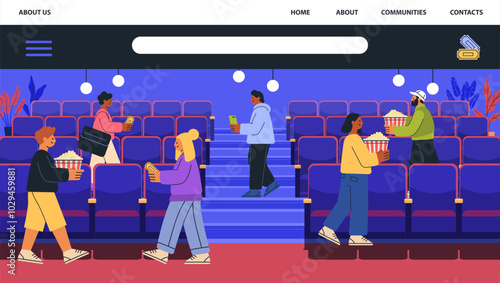 Cinema audience people entering theater carrying popcorn tickets. Colorful scene with diverse individuals in casual attire. Blue seats red carpet plants. Website design