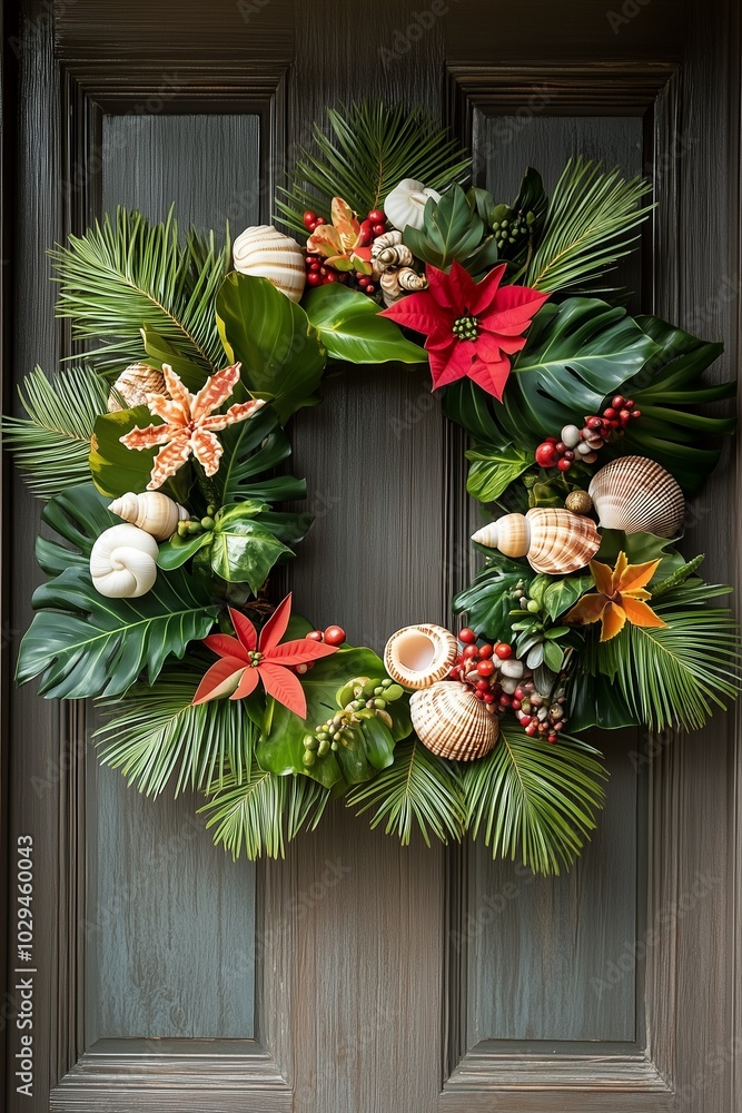 Fototapeta premium Tropical Christmas wreath with palm leaves, shells, starfish and colorful tropical flowers that can be hung on the door or wall to celebrate the New Year