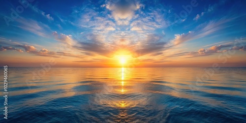 Sunrise waves on the ocean with a beautiful symmetrical landscape in the background