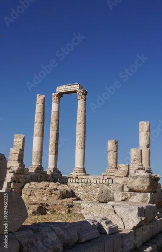 One of the major remains at the Amman Citadel is the Temple of Hercules. The archaeological site is located at the center of downtown Amman, the capital of Jordan.