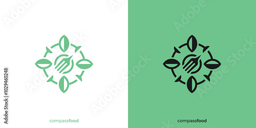 Compass Food Logo. Abstract Leaves as Direction Signs and Forks as Pointers with Minimalist Style. Eco Food Logo, Icon, Symbol, Vector, Design Inspiration.