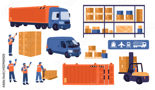 Logistics and delivery service. Loading equipment. Freight transportation. Warehouse workers in uniforms. Trucks and forklifts. Containers loaders. Storehouse rack. Garish vector set