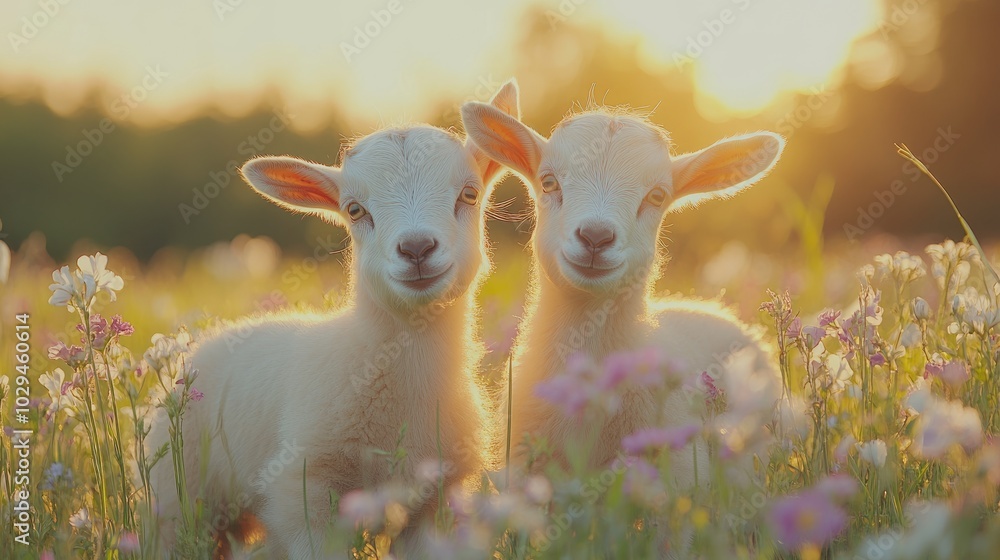 Two white baby goats standing in field of flowers at sunset Two white baby goats standing in field of flowers at sunset