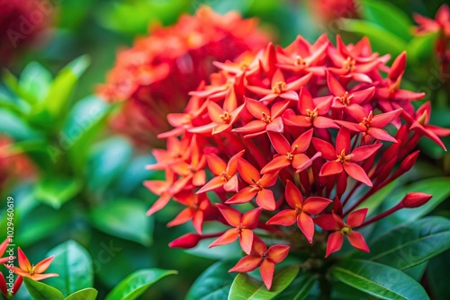 Red ixora flowers with green blurred background aerial view