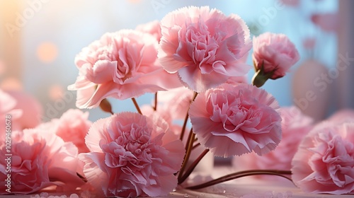 A delicate and beautiful pink carnation blossoms against a soft bright backdrop.