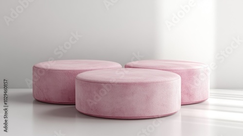 Three round pink ottomans arranged on a smooth surface, enhancing modern interior decor.