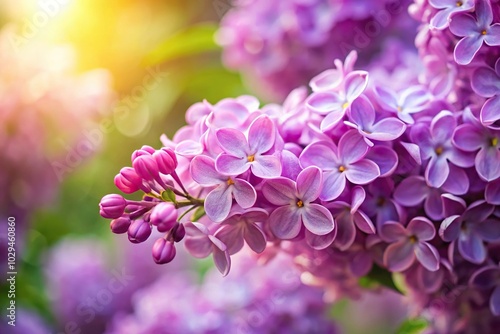 Soft focus shot of bright blooms on spring lilacs bush