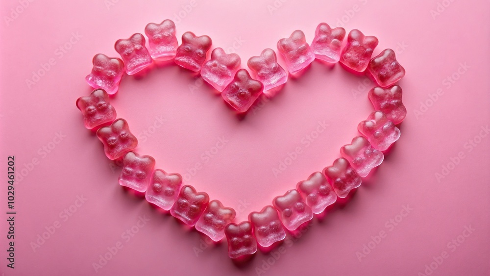 Pink gummy bears heart on pink background Pink gummy bears heart on pink background