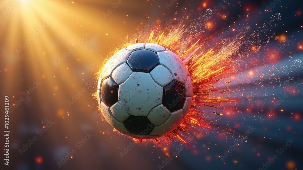 Obraz premium Explosive Soccer Ball Impact With Fiery Sparks and Light