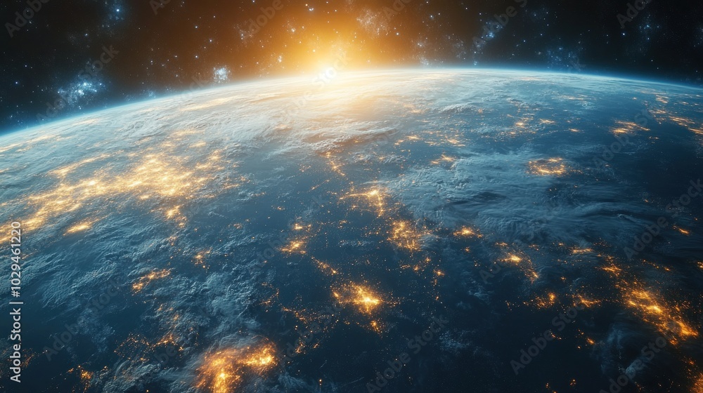 A stunning view of Earth from space, showcasing the bright lights of cities illuminating the night. A stunning view of Earth from space, showcasing the bright lights of cities illuminating the night.