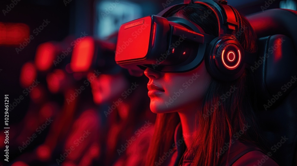A group of individuals wearing VR headsets in a futuristic gaming environment. A group of individuals wearing VR headsets in a futuristic gaming environment.