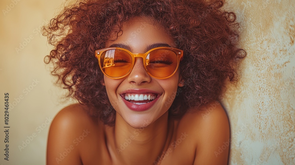 A cheerful woman with curly hair wearing orange sunglasses poses against a sunlit wall, enjoying a warm and bright day outdoors A cheerful woman with curly hair wearing orange sunglasses poses against a sunlit wall, enjoying a warm and bright day outdoors