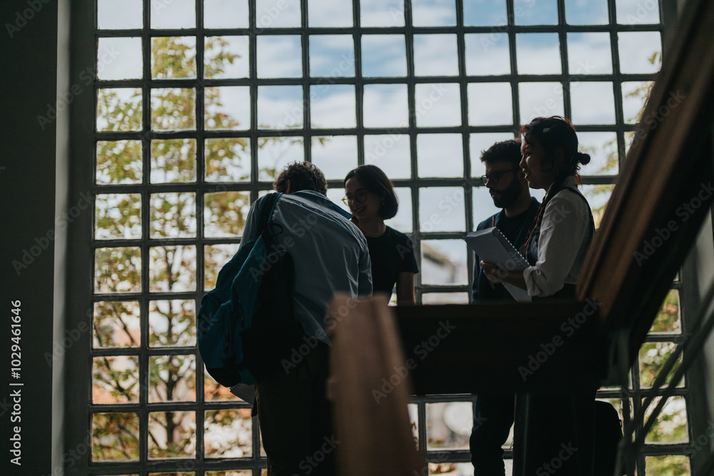 A group of students consulting with a professor in a university hallway, emphasizing collaboration, learning, and discussion in an academic setting. The atmosphere is informal and focused. A group of students consulting with a professor in a university hallway, emphasizing collaboration, learning, and discussion in an academic setting. The atmosphere is informal and focused.