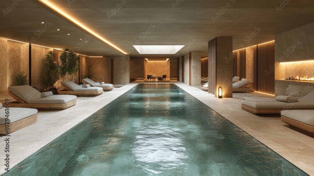 © ROY - Long, narrow indoor pool with lounge chairs on either side. The swimming pool is surrounded by beige walls and beige tiled floors