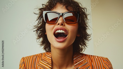 A woman joyfully sings while wearing stylish oversized sunglasses and an eye-catching striped blazer in a bright indoor setting