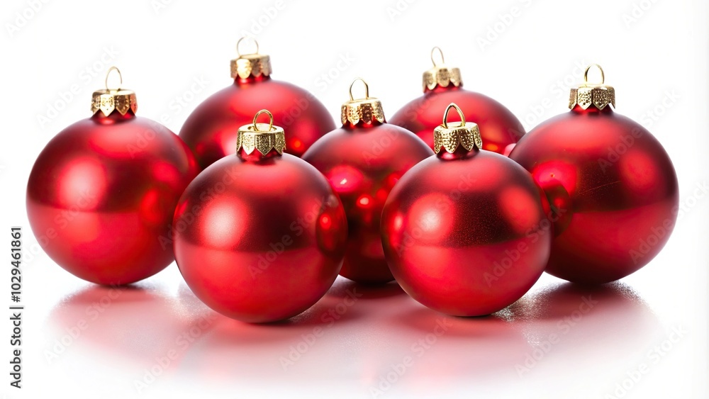 Red ornaments for Christmas tree reflected on white background Red ornaments for Christmas tree reflected on white background