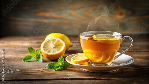 Soothing image of a warm cup of lemon tea in a cozy setting