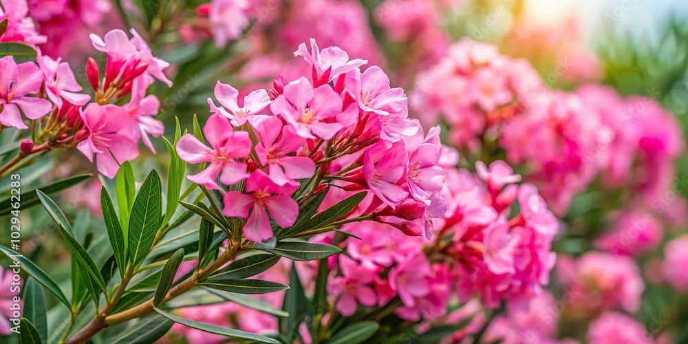 Pink oleander blossoming in spring garden, with small tree and delicate flowers Pink oleander blossoming in spring garden, with small tree and delicate flowers