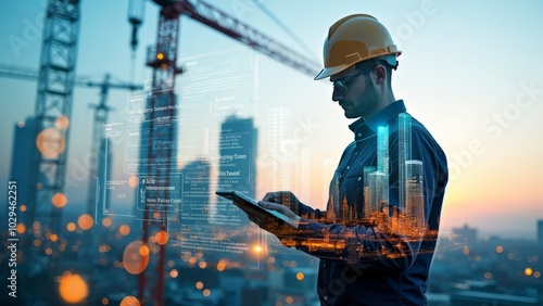 A construction engineer wearing a hard hat uses a digital tablet on a futuristic building site, showcasing digital technology and innovation in construction management.