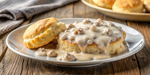 Southern style plate with biscuits and gravy reflected in mirror