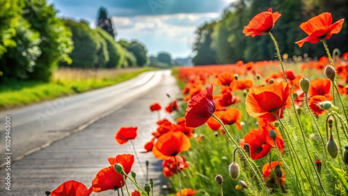 Fototapeta Naklejka Na Ścianę i Meble -  Red poppy flowers growing by road with long shot perspective