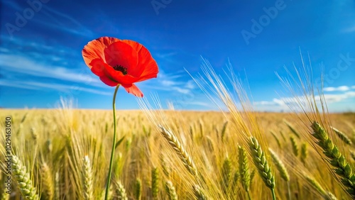 Red poppy flower with a barley field and clear blue sky backdrop