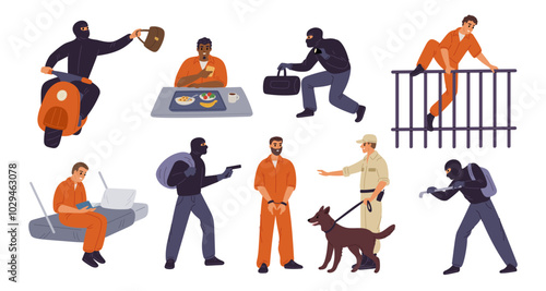 Crimes and punishment. Cartoon criminal characters. Prisoners in uniform. Convicted thieves in prison. Arrested gangsters and scammers. Guard with dog. Garish vector lawbreakers set