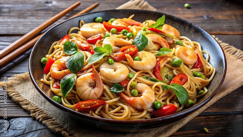Spicy Asian noodle dish with shrimp, cashews, and leading lines Spicy Asian noodle dish with shrimp, cashews, and leading lines