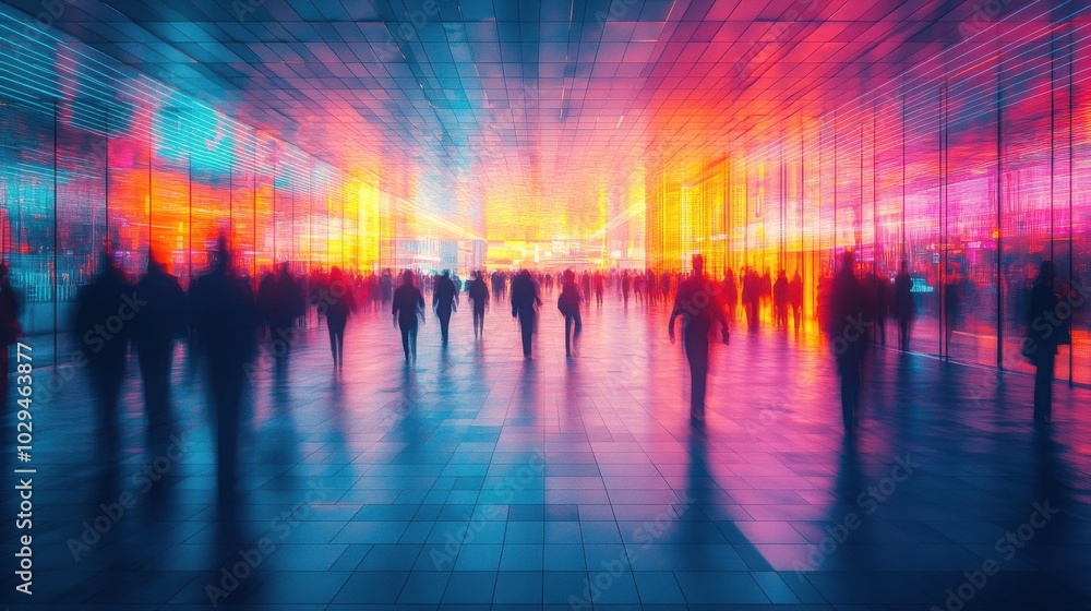 Obraz premium A crowd of people walking through a brightly lit city space, their forms blurred by motion, the vibrant colors of the urban lights reflecting off the wet pavement.