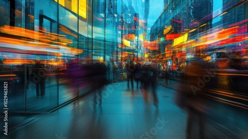 Silhouettes of people walking through a busy city street at night, blurred by the fast-paced environment and neon lights.