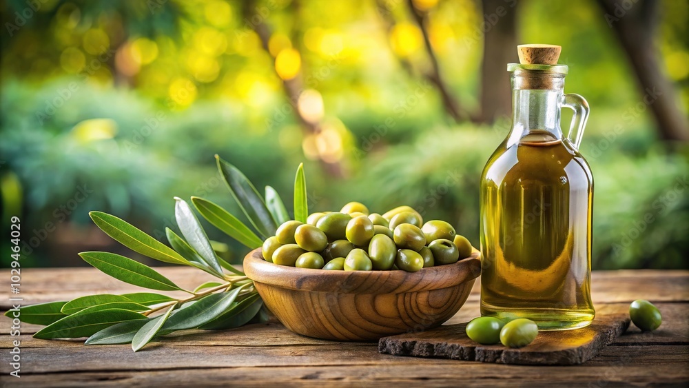 Mock up featuring plump green olives and a bottle of premium olive oil with shallow depth of field Mock up featuring plump green olives and a bottle of premium olive oil with shallow depth of field