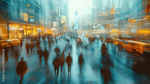 A blurry image of a bustling city street, showcasing the hustle and bustle of urban life. The crowd of people and vehicles creates a sense of movement and energy.