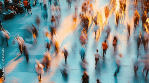An aerial view of a busy city street with people rushing by in a blur of motion. The warm glow of the setting sun illuminates the scene.