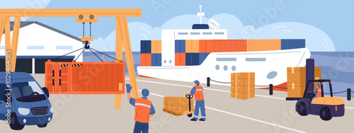 Container loading at seaport. Cargo ships. Loaders in port warehouse. Uniformed workers. Logistic and delivery. Bulk shipments. Lifting metal boxes with crane. Garish vector concept
